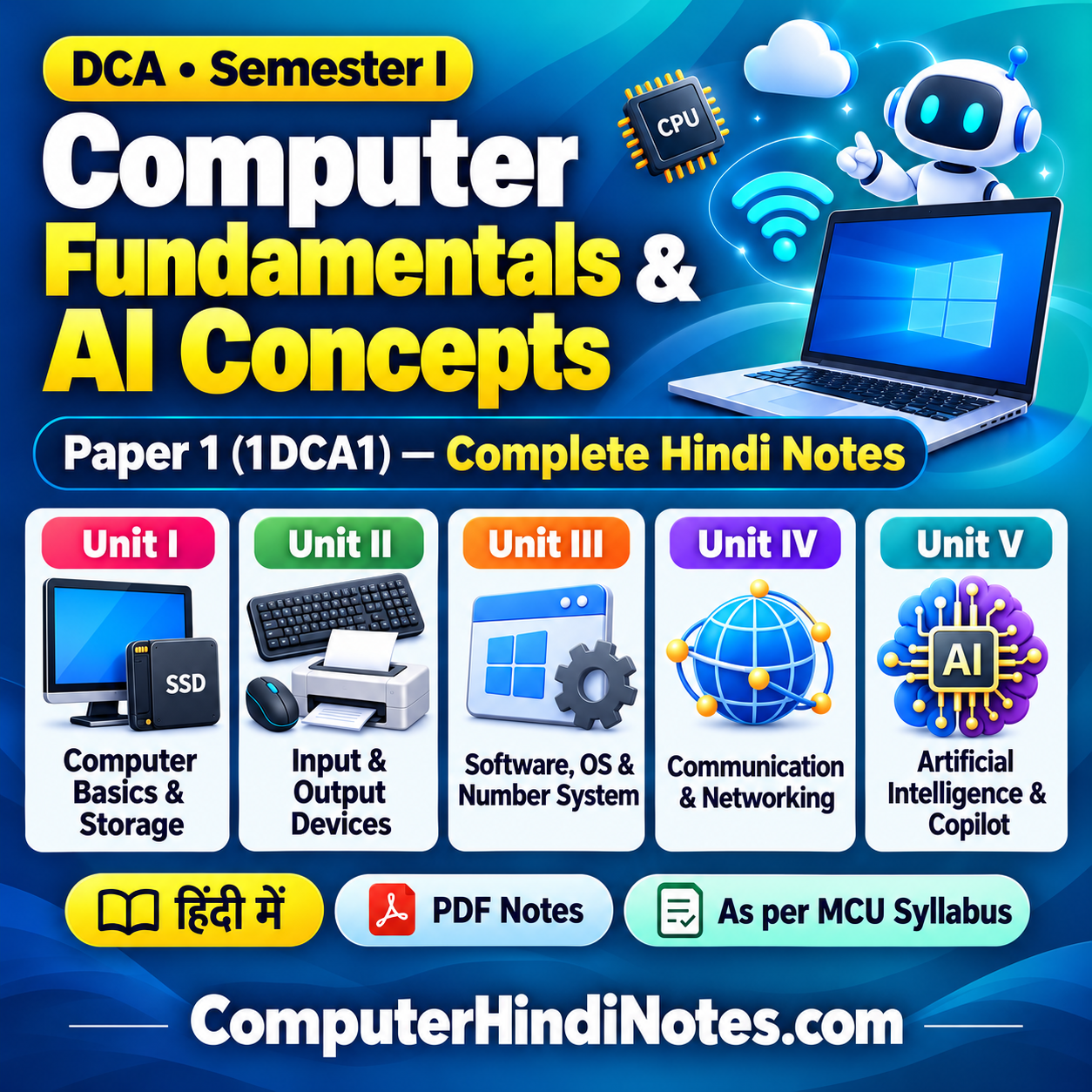 DCA 1st Semester Paper 1 Notes in Hindi PDF – Computer Fundamentals and AI Concepts (1DCA1)
