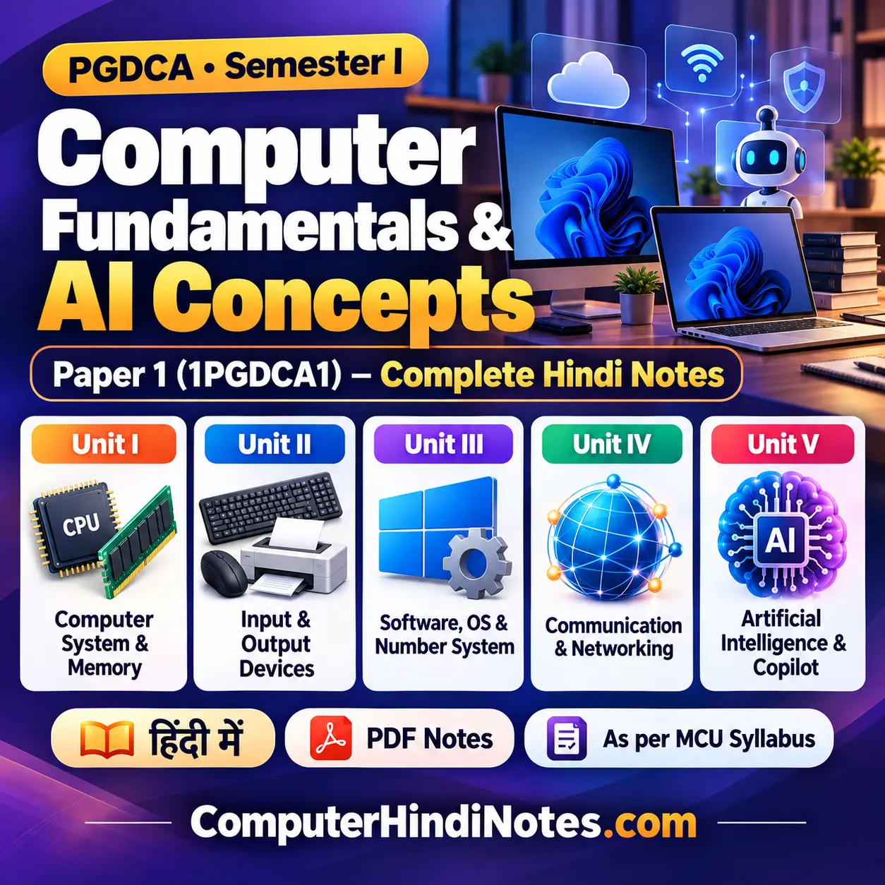 PGDCA 1st Semester Paper 1 – Computer Fundamentals and AI Concepts (1PGDCA1) Notes